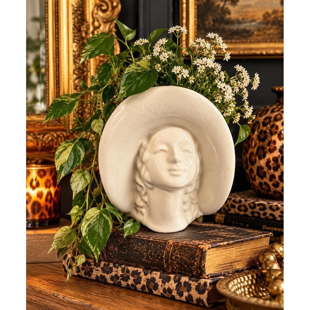 VTG Ceramic Cowgirl Lady Head Vase Planter Wall Pocket Freestanding Western